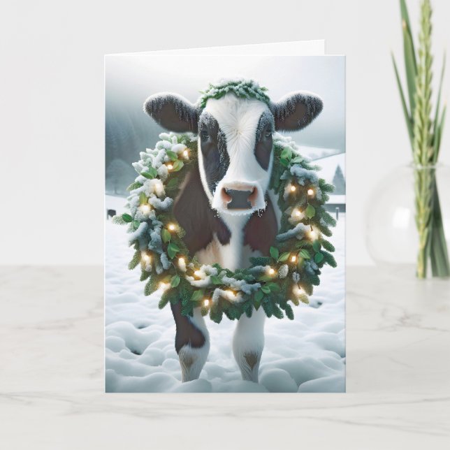 Tarjeta Festiva Vacas navidades con guirnalda de vacaciones (Anverso)