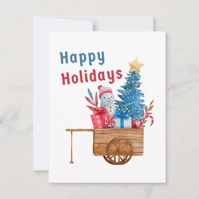 Tarjeta Festiva Vagón de Felices Fiestas con Muñeco de Nieve  (Anverso)