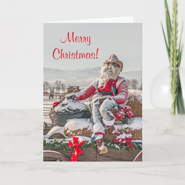 Tarjeta Festiva Vagón de vaqueros de Santa Navidades con heno bale (Anverso)