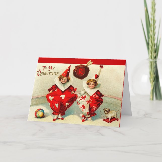 TARJETA FESTIVA VALENTINA CHILE CLOWNS,MONOGRAMA DE SELLO DE CERCA (Anverso)