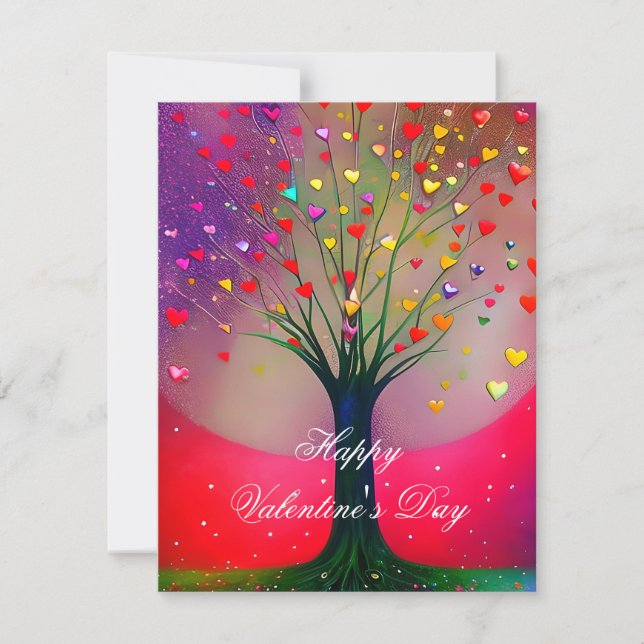 Tarjeta Festiva Valentina de árbol del corazón brillante (Anverso)