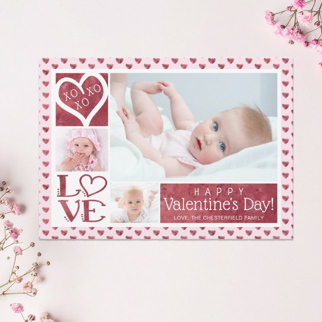 Tarjeta Festiva Valentine 3 Photo Collage LOVE XOXO Hearts (Subido por el creador)
