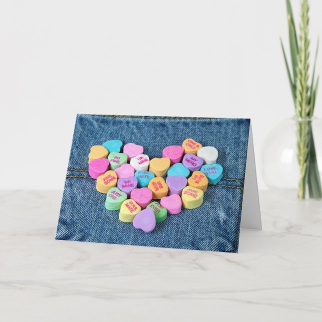 Tarjeta Festiva Valentine Candy Hearts On Denim (Anverso)