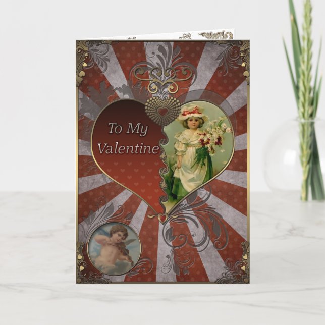 Tarjeta Festiva Valentine - Chica con un ramo de flores. (Anverso)