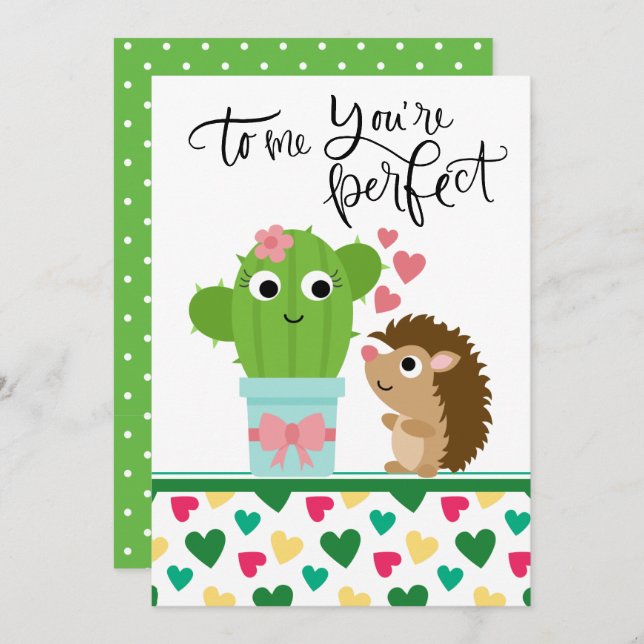Tarjeta Festiva Valentine de Cute Hedgehog | Cactus Eres perfecto (Anverso / Reverso)