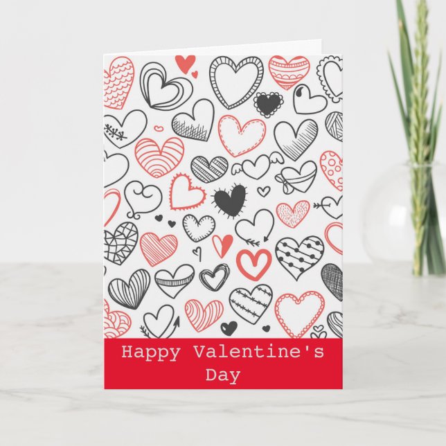 Tarjeta Festiva Valentine doodle corazones hipster rojo y negro (Anverso)