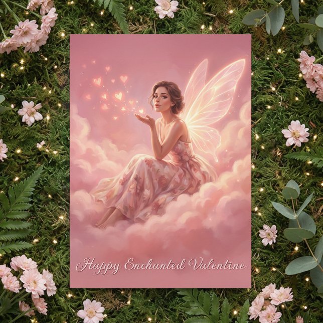 Tarjeta Festiva Valentine Fairy on Pink Clouds Fantasy Art (Subido por el creador)