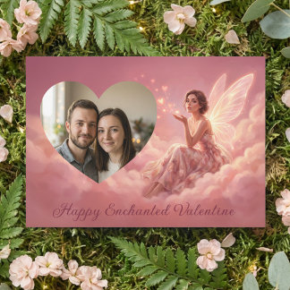 Tarjeta Festiva Valentine Fairy on Pink Clouds with Heart Photo
