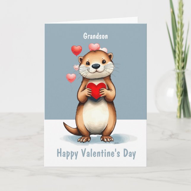 Tarjeta Festiva Valentine Love Fun Cute Otter Love You Grandson (Anverso)