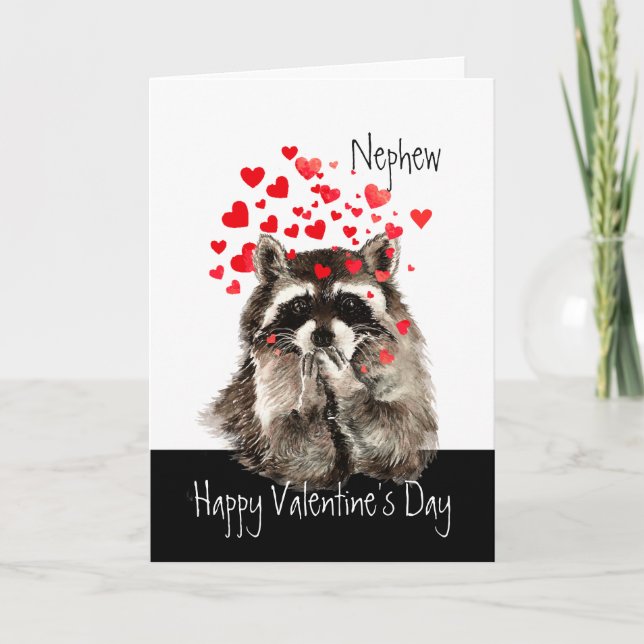 Tarjeta Festiva Valentine Love Fun Raccoon besa a sobrino (Anverso)
