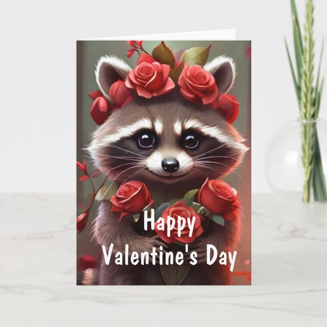 Tarjeta Festiva Valentine Love Fun Raccoon Kisses y rosas (Anverso)