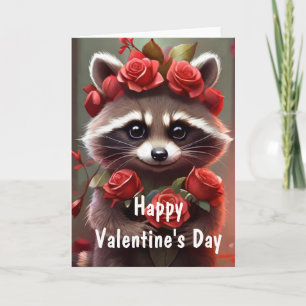 Tarjeta Festiva Valentine Love Fun Raccoon Kisses y rosas