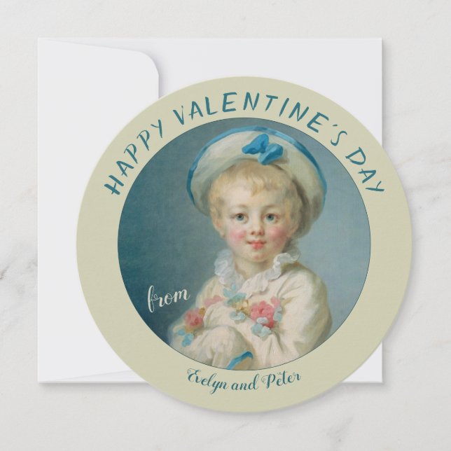 Tarjeta Festiva Valentine Pierrot Boy con flores Fragonard (Anverso)