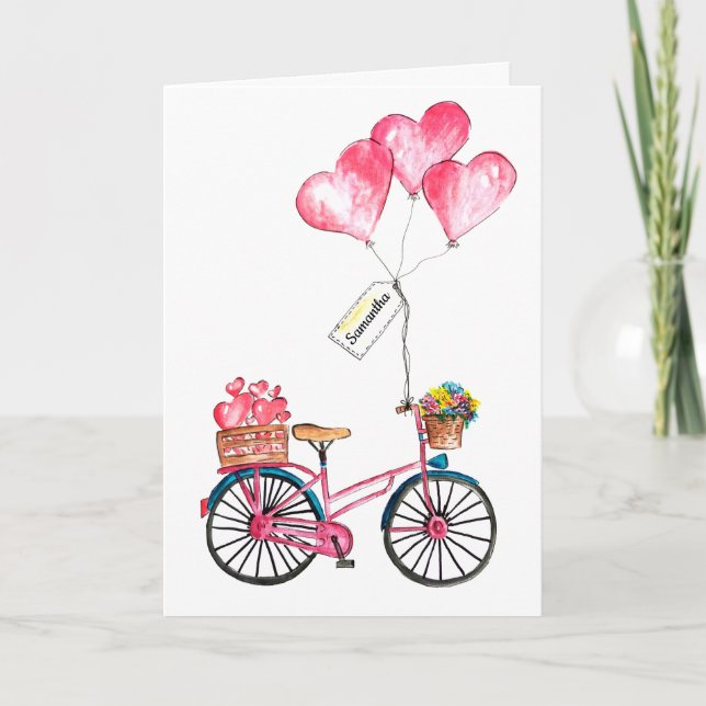 Tarjeta Festiva Valentine Pink Blue Bike Balloon Heart Love Name (Anverso)