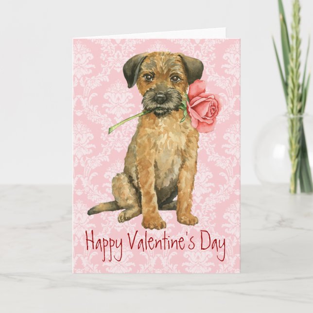 Tarjeta Festiva Valentine Rosa Border Terrier (Anverso)