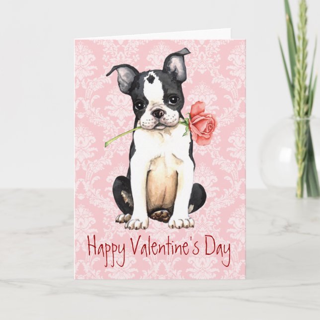 Tarjeta Festiva Valentine Rosa Boston Terrier (Anverso)