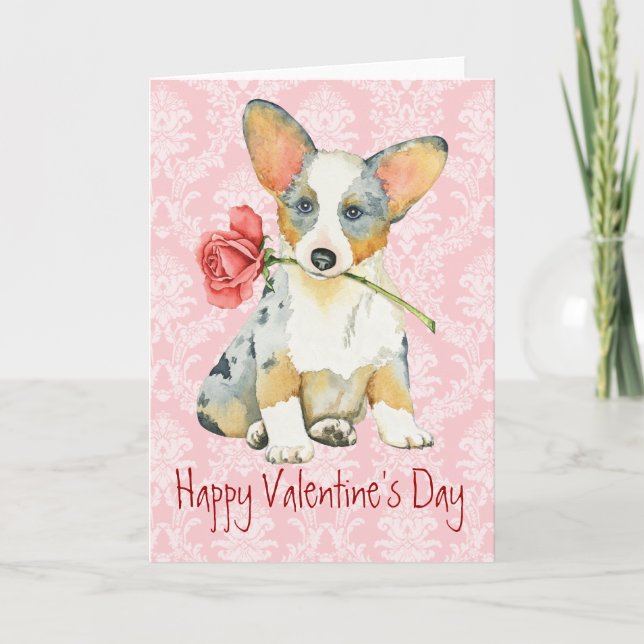 Tarjeta Festiva Valentine Rosa Cardigan Welsh Corgi (Anverso)
