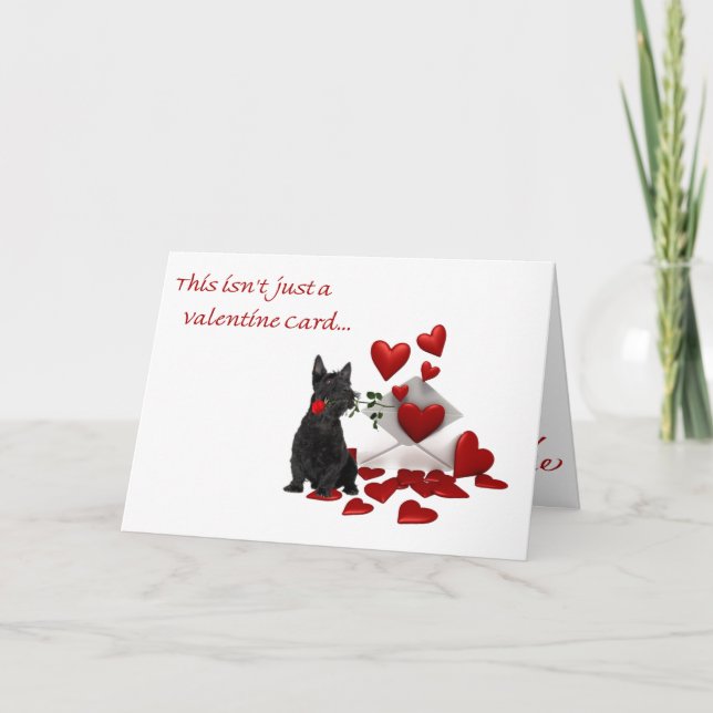 Tarjeta Festiva Valentine, Rosa del Terrier escocés y corazón (Anverso)