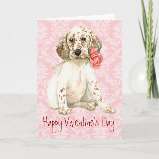 Tarjeta Festiva Valentine Rosa English Setter (Anverso)