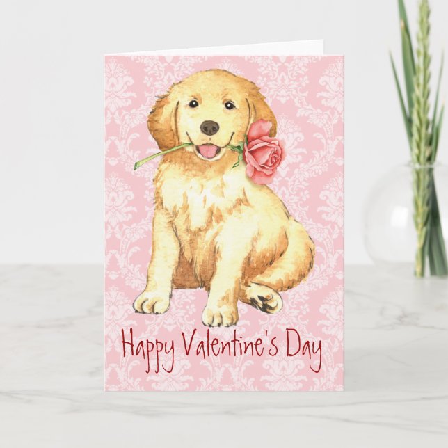 Tarjeta Festiva Valentine Rosa Golden Retriever (Anverso)