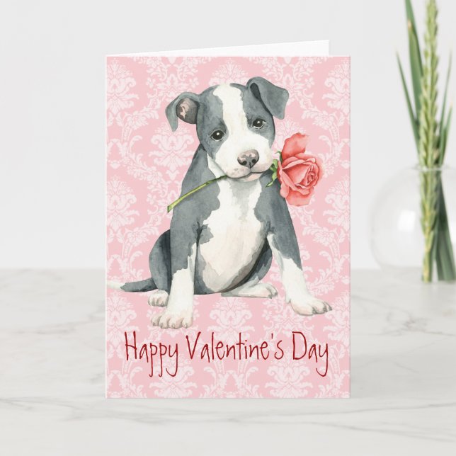 Tarjeta Festiva Valentine Rosa Pit Bull (Anverso)