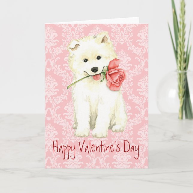Tarjeta Festiva Valentine Rosa Samoyed (Anverso)