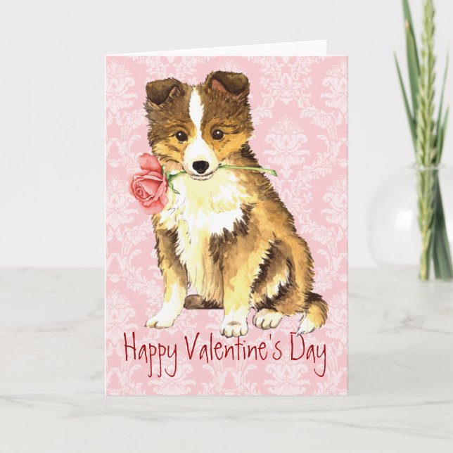 Tarjeta Festiva Valentine Rosa Sheltie (Anverso)