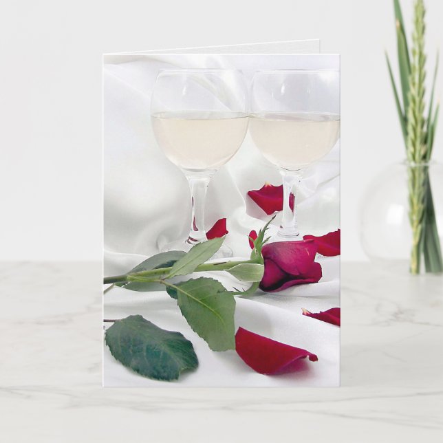 Tarjeta Festiva Valentine Rosa y vino en satín (Anverso)