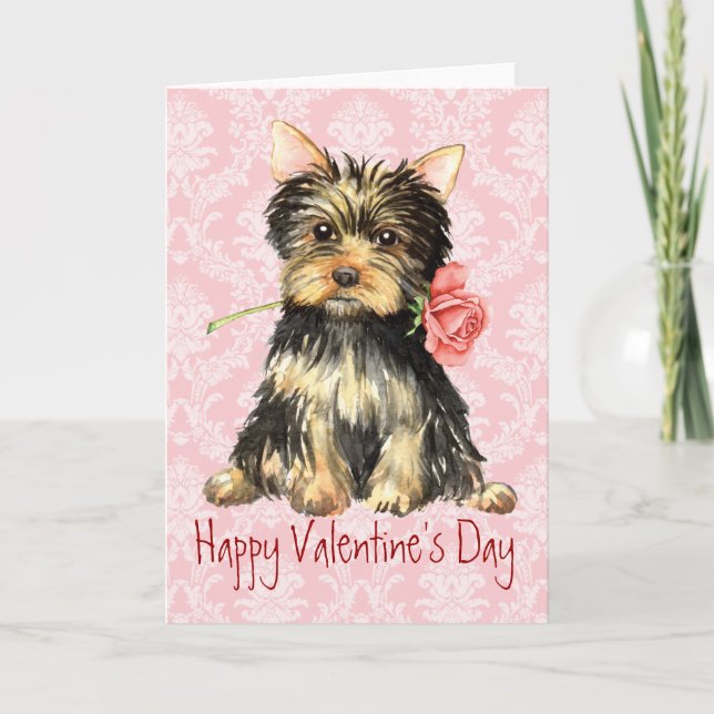 Tarjeta Festiva Valentine Rosa Yorkie (Anverso)