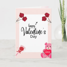 Tarjeta Festiva Valentine’s Day Card with Red Roses & Teddy Bear