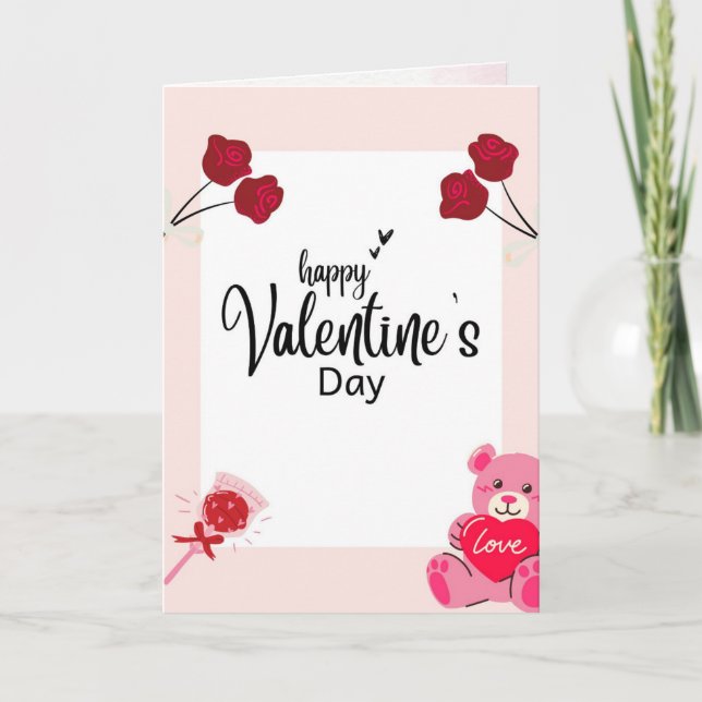 Tarjeta Festiva Valentine’s Day Card with Red Roses & Teddy Bear (Anverso)