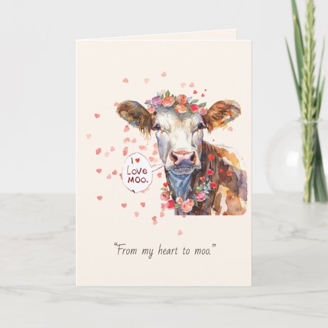 Tarjeta Festiva Valentine’s Day I Love Moo Cute Romantic Card (Anverso)