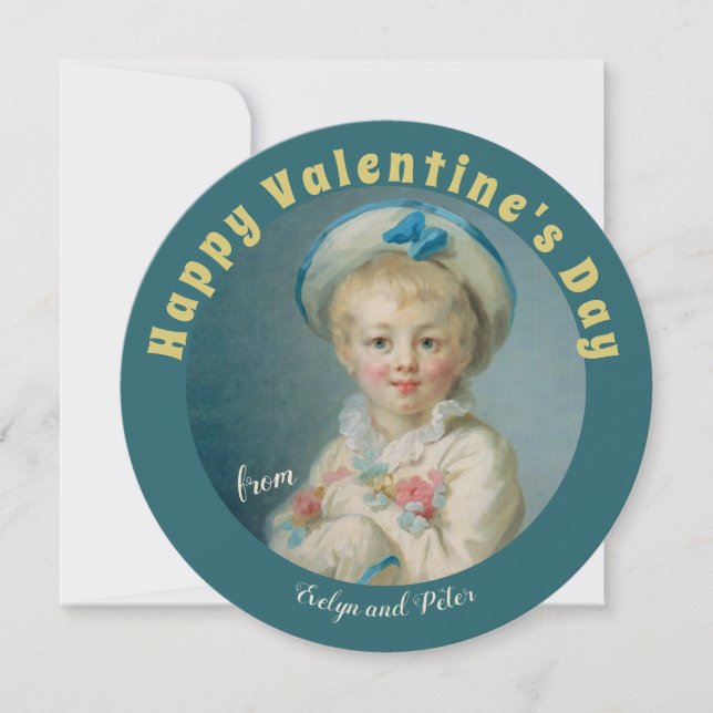 Tarjeta Festiva Valentine Sweet boy con flores Fragonard Pierrot (Anverso)
