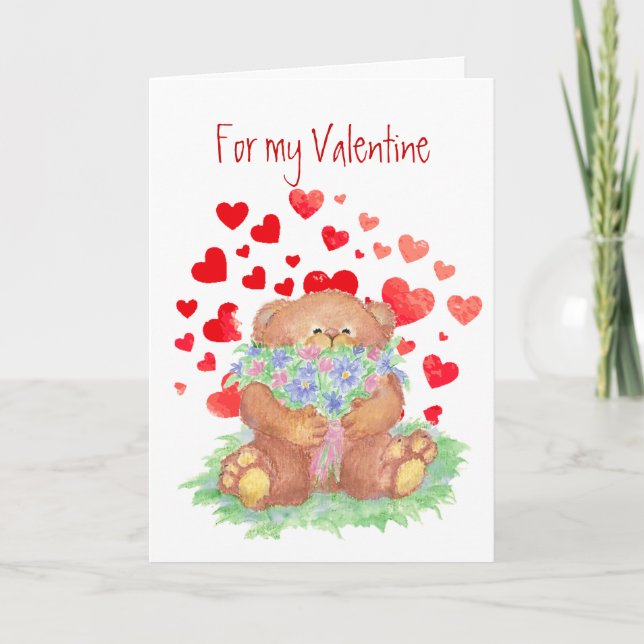 Tarjeta Festiva Valentine Teddy Bear Flowers te quiere por siempre (Anverso)
