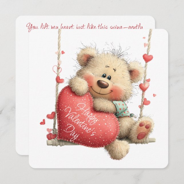 Tarjeta Festiva Valentine Teddy Bear on Swing with Heart  (Anverso / Reverso)