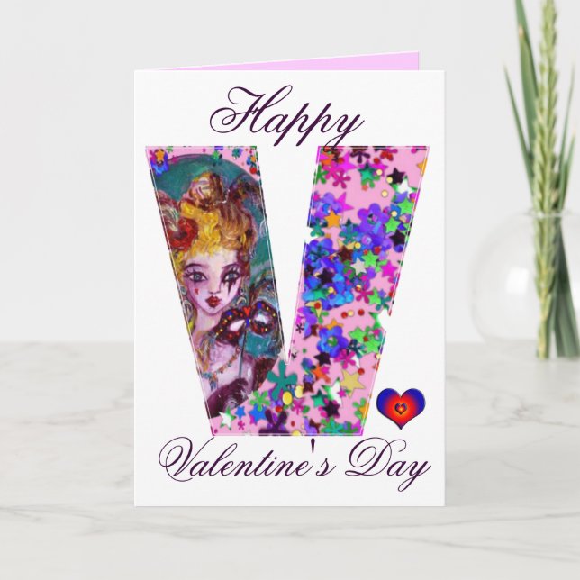TARJETA FESTIVA VALENTINE VENETIAN MASQUERADE MONOGRAM V CARTA (Anverso)