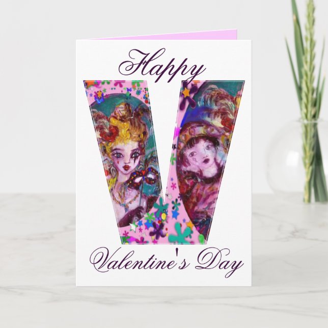 TARJETA FESTIVA VALENTINE VENETIAN MASQUERADE MONOGRAM V CARTA (Anverso)