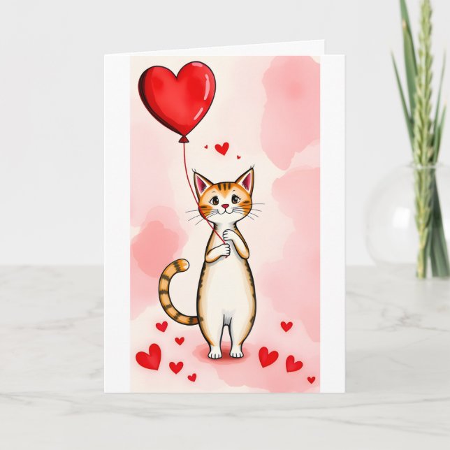 Tarjeta Festiva Valentine's Day Greeting Card Cat Red Hearts  (Anverso)