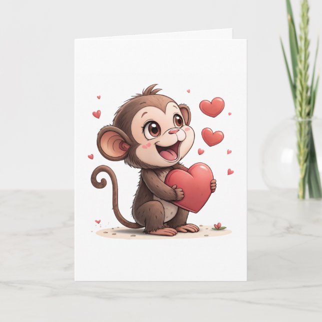 Tarjeta Festiva Valentine's Day Greeting Card Monkey Red Hearts  (Anverso)