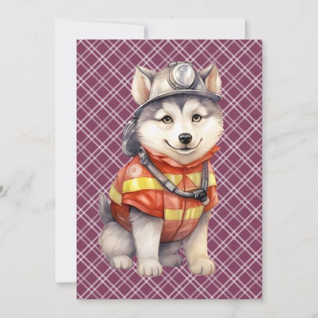 Tarjeta Festiva Valiente bombero Siberian Husky Dog honrando (Anverso)