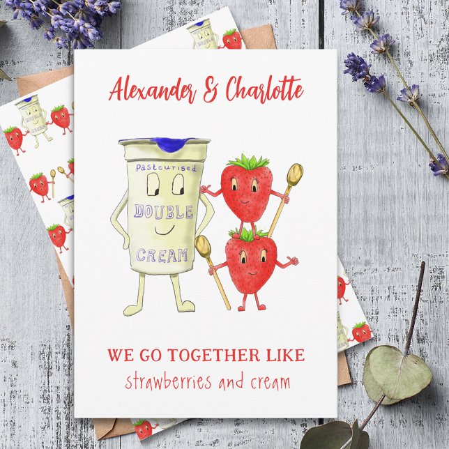 Tarjeta Festiva vamos juntos como Fresas y Cita Crema (We go together like Strawberries & cream cute cartoon couple quote personalized Valentine’s Day card)