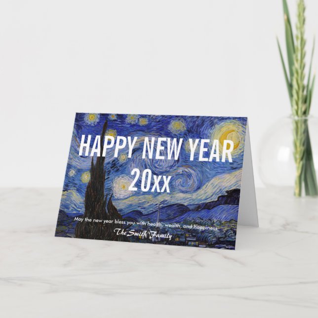 Tarjeta Festiva Van Gogh - Feliz Año Nuevo con la noche estrellada (Anverso)