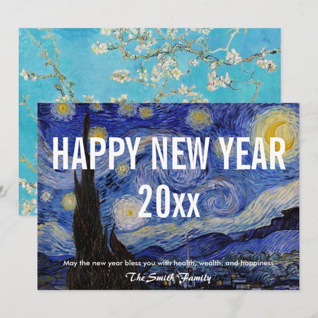 Tarjeta Festiva Van Gogh - Feliz Año Nuevo con la noche estrellada (Anverso / Reverso)