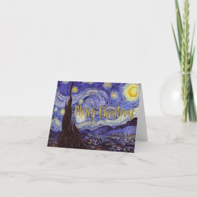Tarjeta Festiva Van Gogh Starry Night Merry Christmas Gold Art (Anverso)