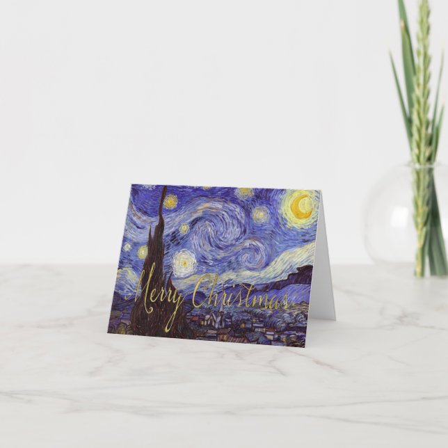 Tarjeta Festiva Van Gogh Starry Night Merry Christmas Gold Art (Anverso)