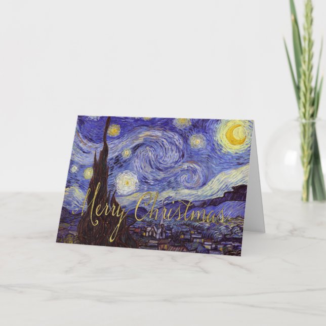 Tarjeta Festiva Van Gogh Starry Night Merry Christmas Gold Art (Anverso)