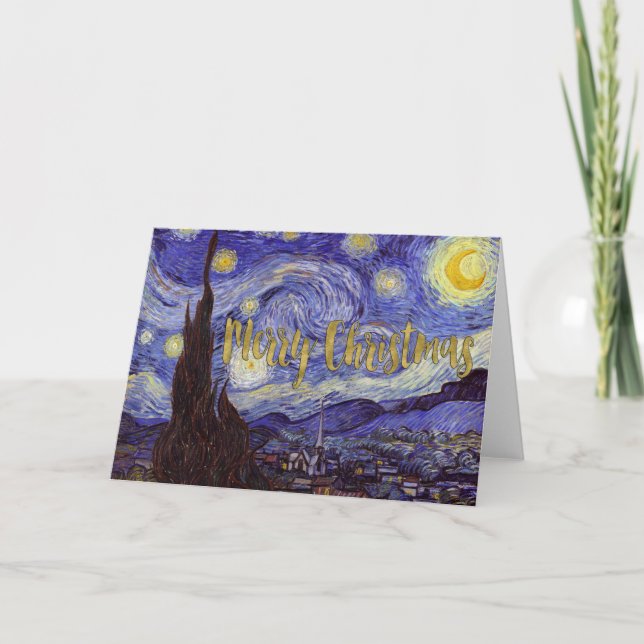 Tarjeta Festiva Van Gogh Starry Night Merry Christmas Gold Art (Anverso)