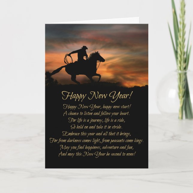 Tarjeta Festiva Vaquero Feliz Año Nuevo, Año Nuevo (Anverso)
