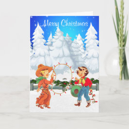 Tarjeta Festiva Vaquero y Vaquera con el invierno iluminado por el