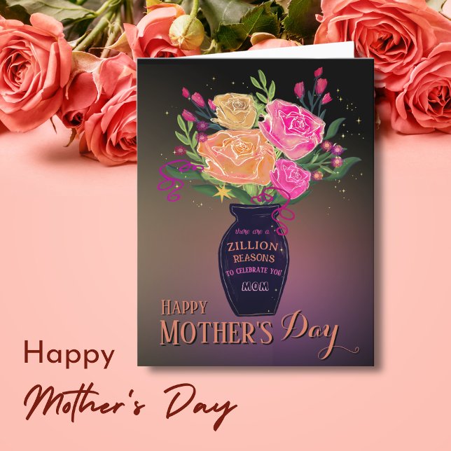 Tarjeta Festiva Vase del Día de la Madre con flores y texto (Mother's Day Vase with Flowers and text Holiday Card )